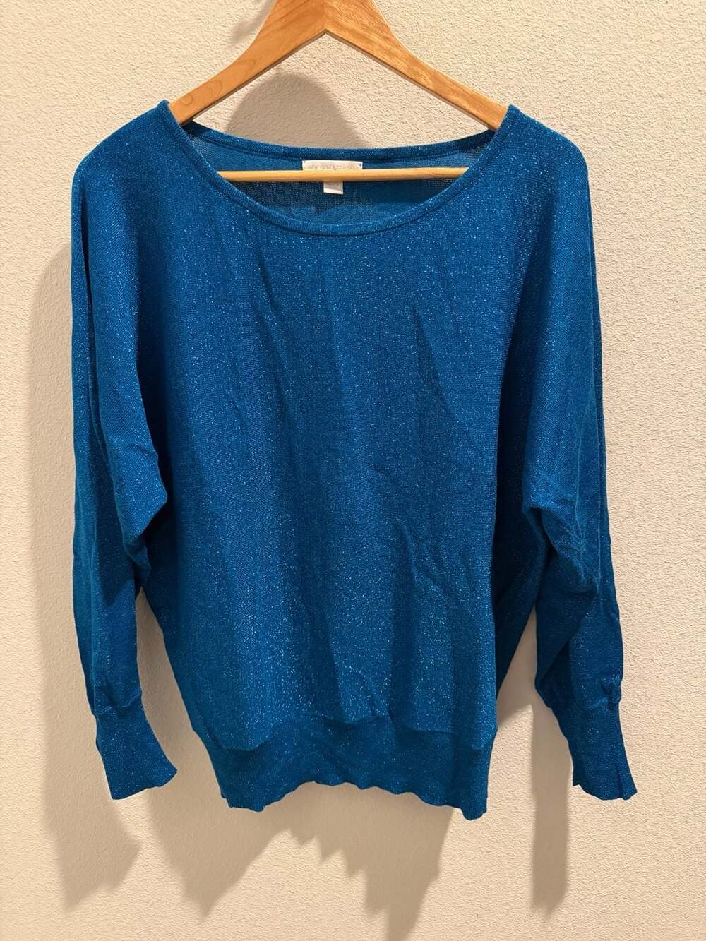 New York & Company Teal Blue Shimmer Metallic Batwing Sweater